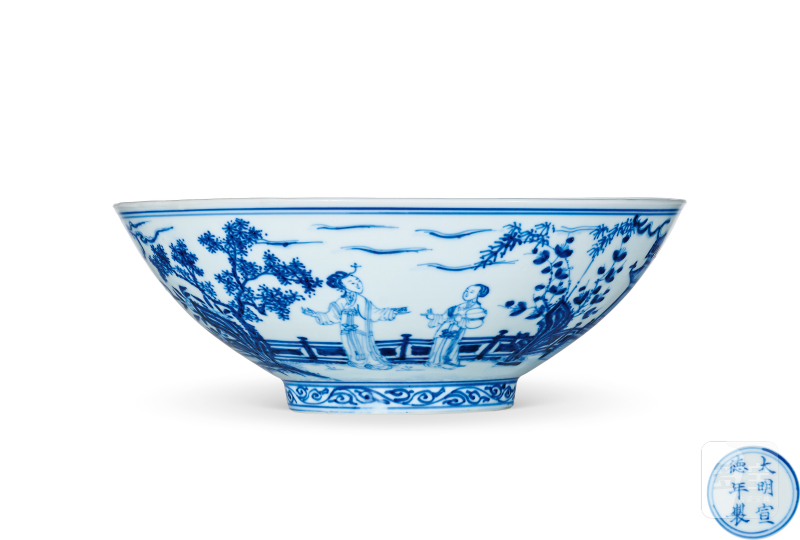 清康熙 仿宣窑青花庭院仕女图碗